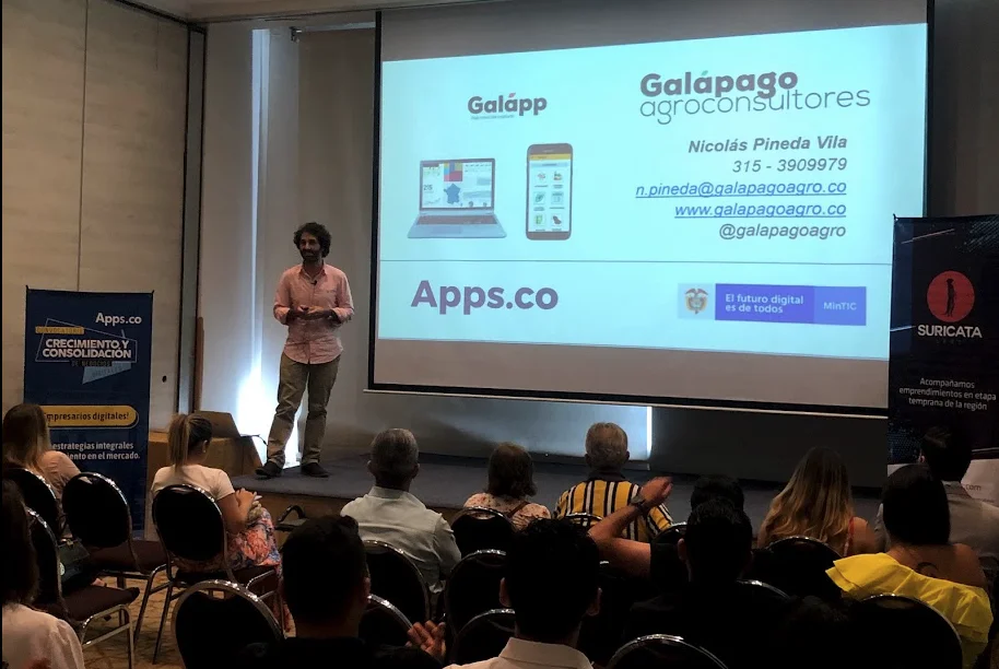 El equipo de Galápp presenta en el demo day de la fase de Crecimiento y Consolidación de Apps.co en 2019, acompañada por Suricata Labs