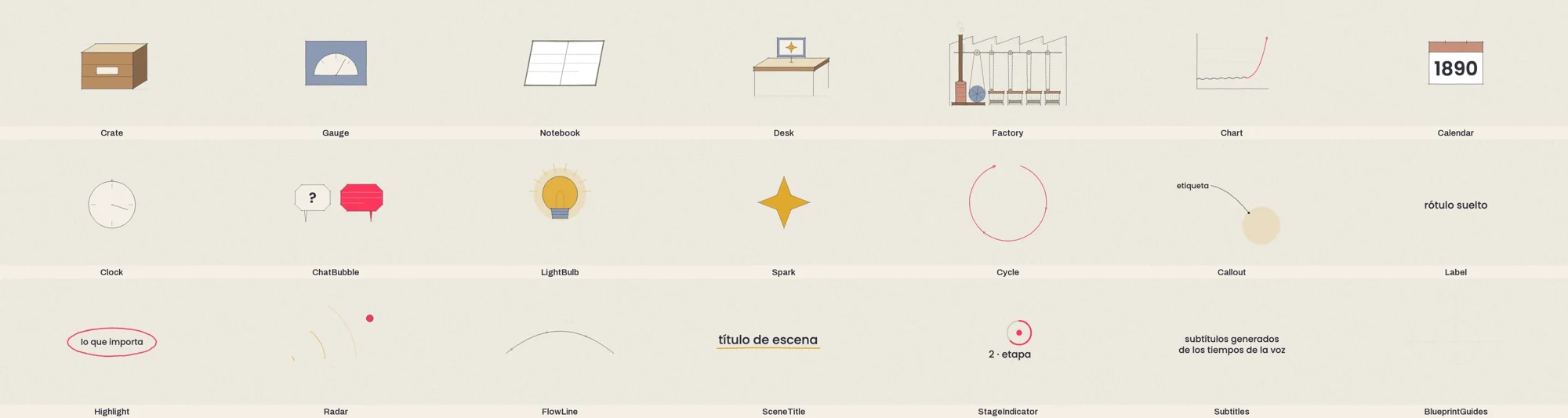 Catalog of hand-drawn-style objects on a paper background: crate, gauge, notebook, desk, factory, chart, calendar, clock, chat bubbles, light bulb, spark and scene elements such as titles and subtitles