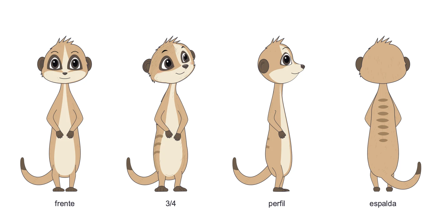 Suri from the front, three-quarter, profile and back, with the same proportions and colors in all four views